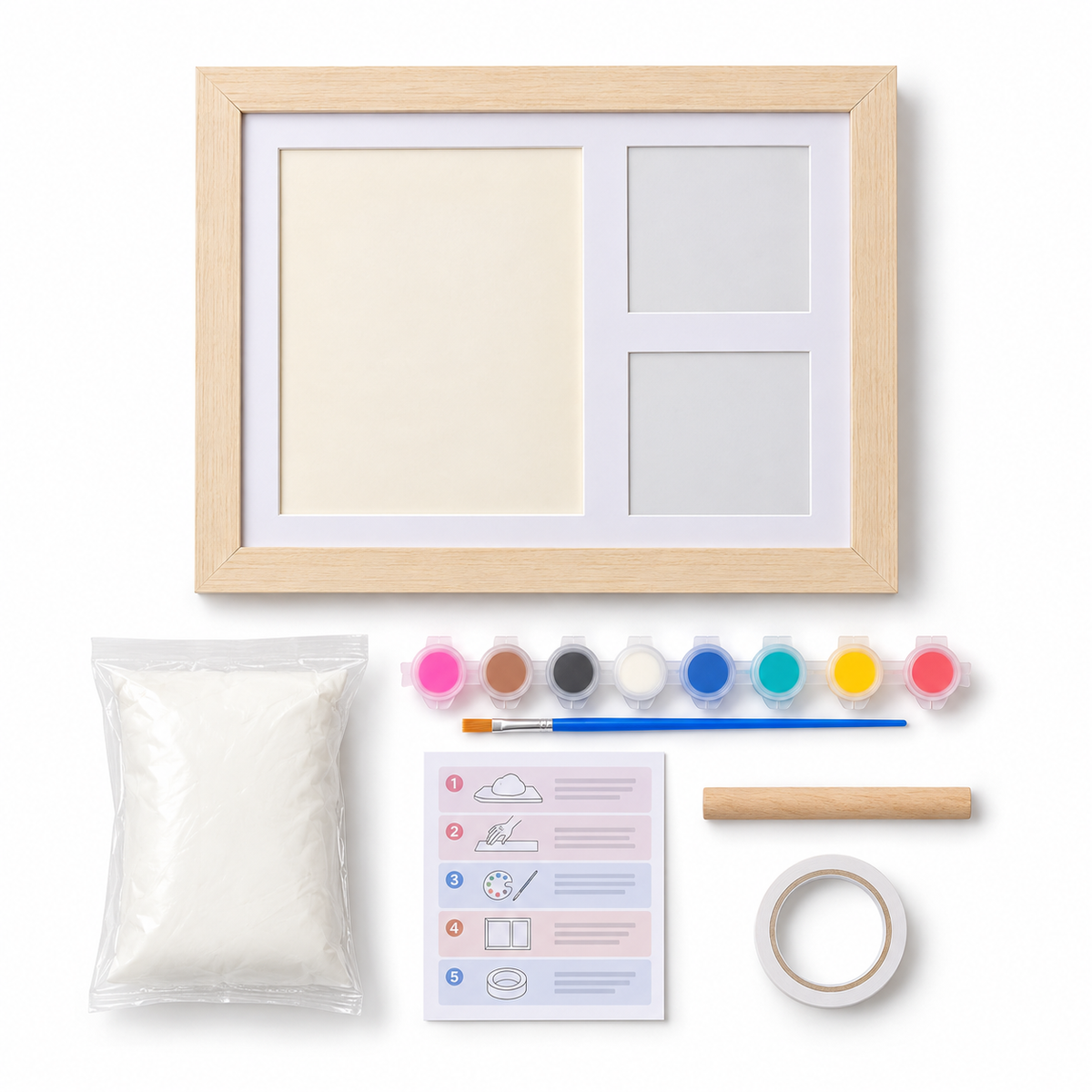 Paw & Cosy Print Kit unpacked: frame, clay, paints and brush, instructions, wooden stick and tape